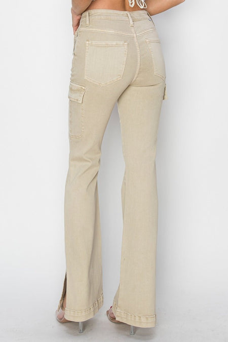 RISEN Full Size High Rise Side Slit Cargo Bootcut Jeans - S. M. & Co.