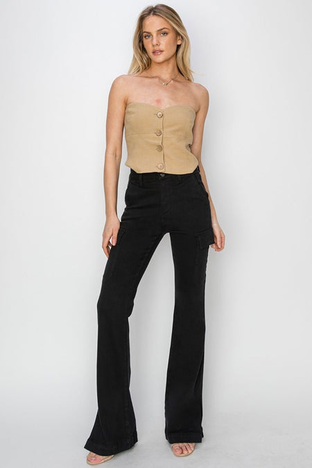 Risen Full Size High Rise Side Slit Cargo Bootcut Jeans - S. M. & Co.