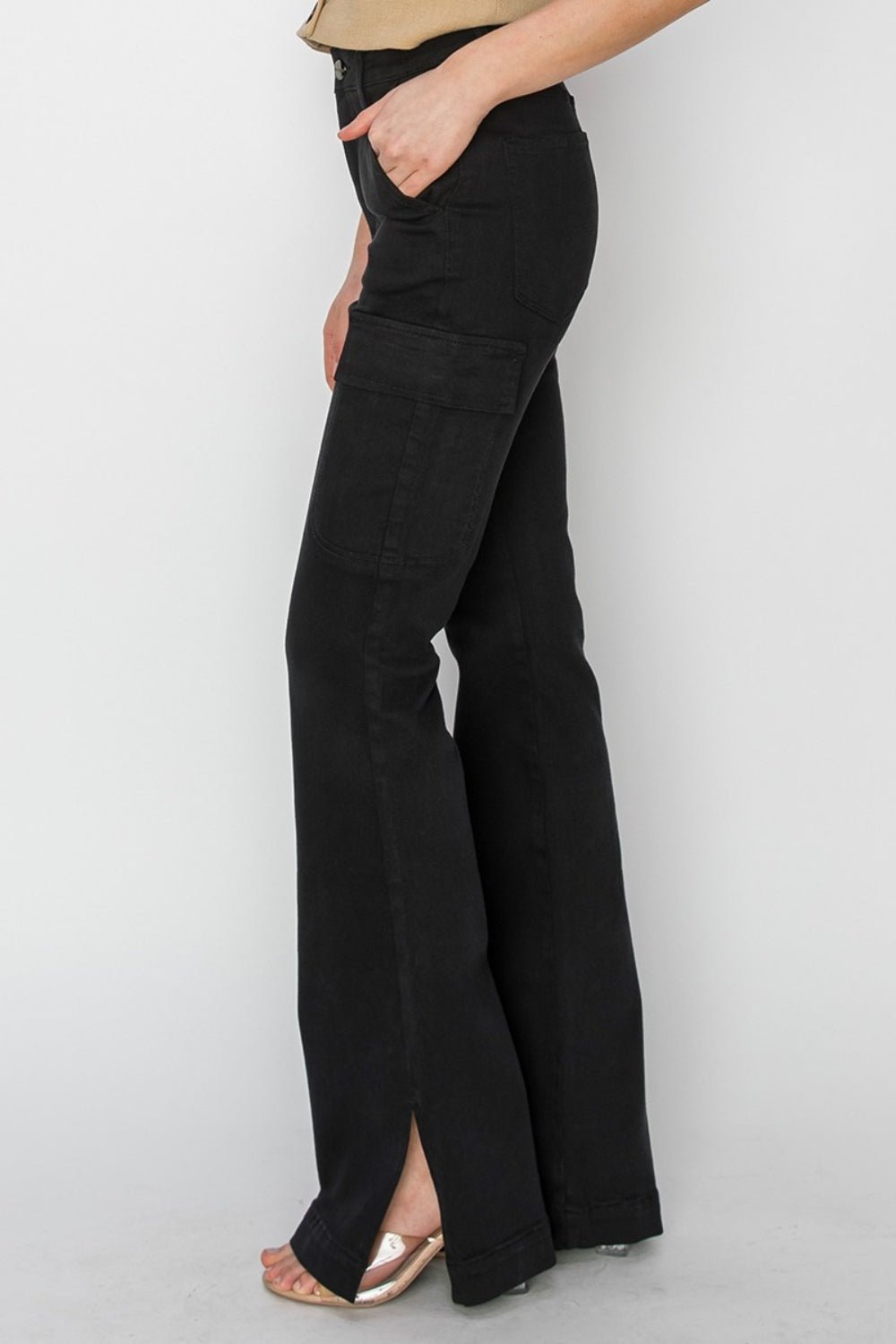 Risen Full Size High Rise Side Slit Cargo Bootcut Jeans - S. M. & Co.