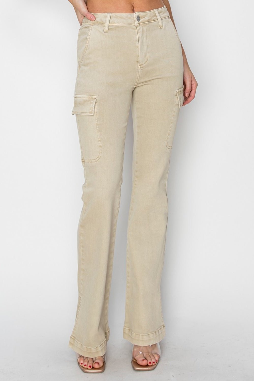 RISEN Full Size High Rise Side Slit Cargo Bootcut Jeans - S. M. & Co.