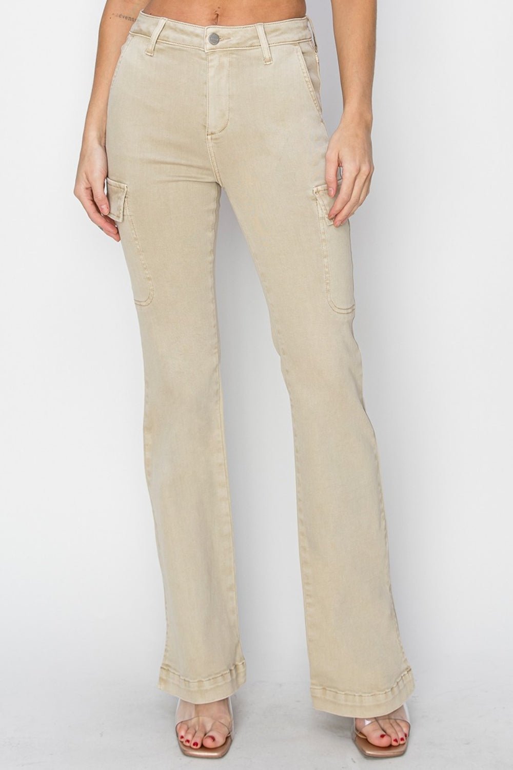 RISEN Full Size High Rise Side Slit Cargo Bootcut Jeans - S. M. & Co.