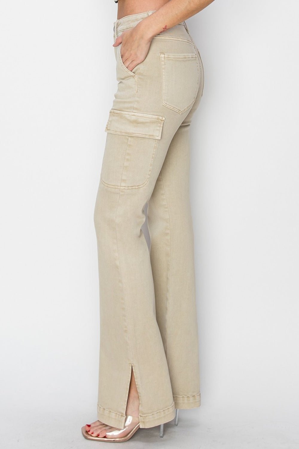 RISEN Full Size High Rise Side Slit Cargo Bootcut Jeans - S. M. & Co.