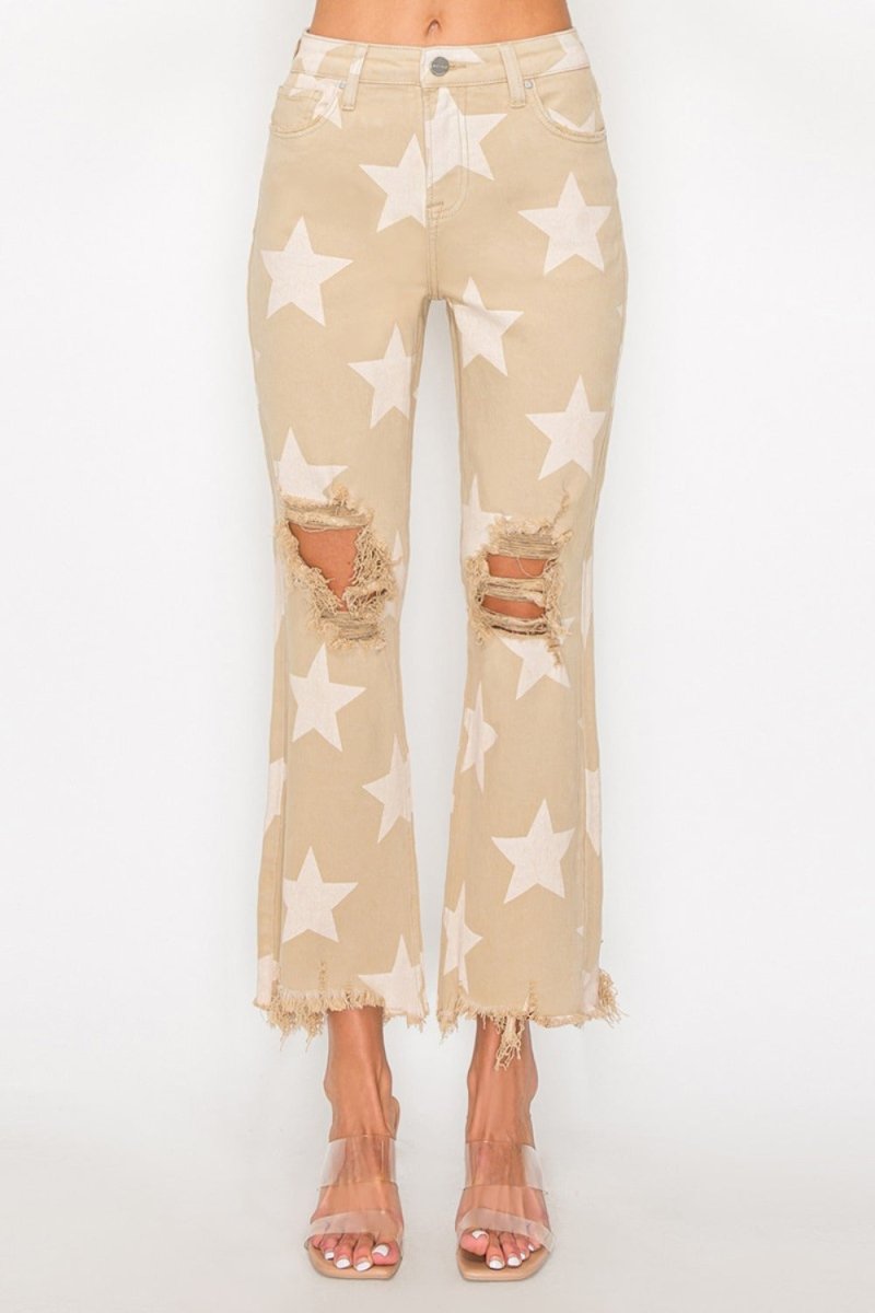 RISEN Full Size High Rise Star Printed Frayed Hem Jeans - S. M. & Co.