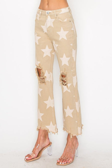 RISEN Full Size High Rise Star Printed Frayed Hem Jeans - S. M. & Co.