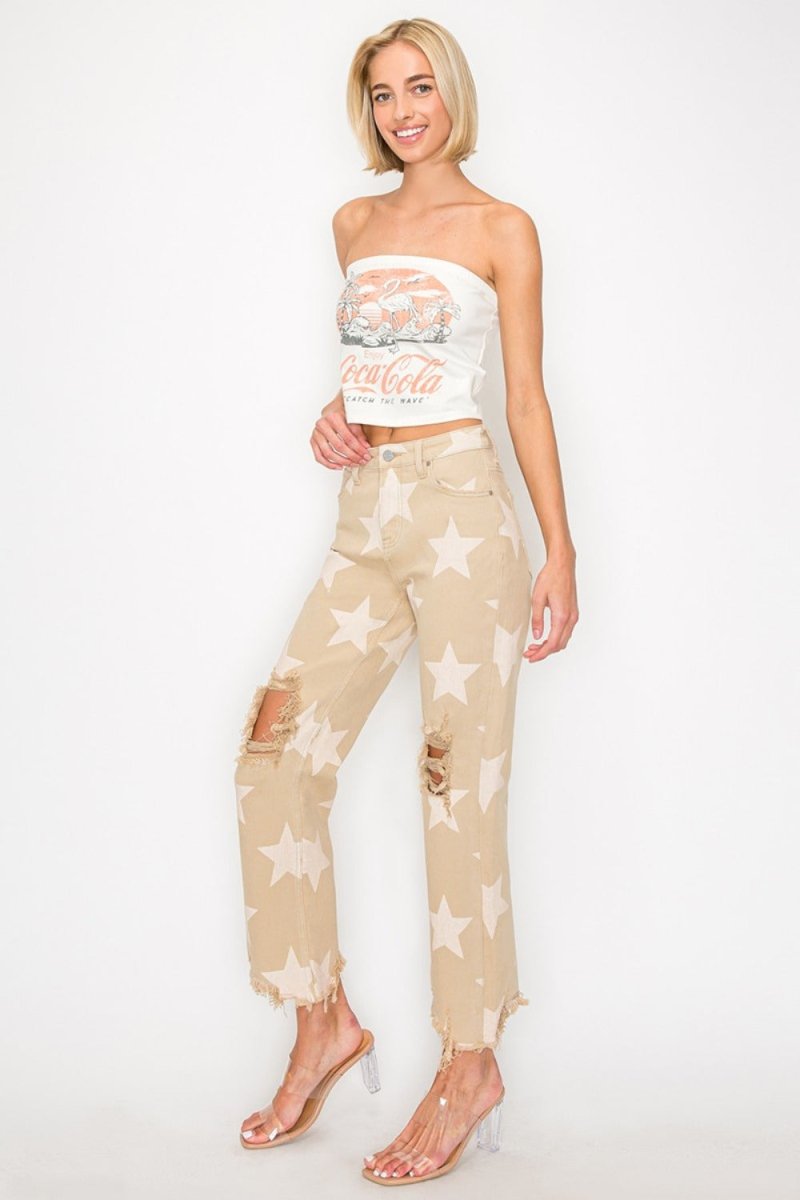 RISEN Full Size High Rise Star Printed Frayed Hem Jeans - S. M. & Co.