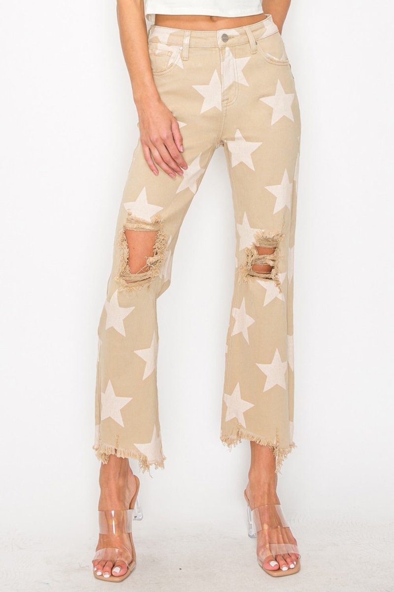 RISEN Full Size High Rise Star Printed Frayed Hem Jeans - S. M. & Co.