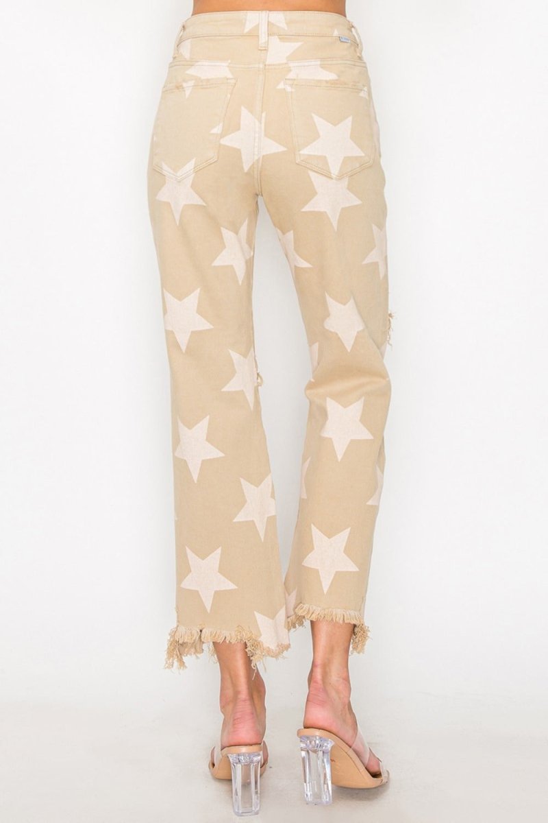 RISEN Full Size High Rise Star Printed Frayed Hem Jeans - S. M. & Co.