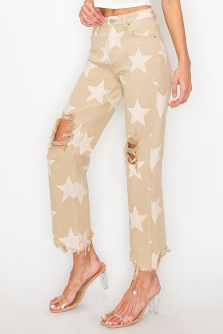 RISEN Full Size High Rise Star Printed Frayed Hem Jeans - S. M. & Co.