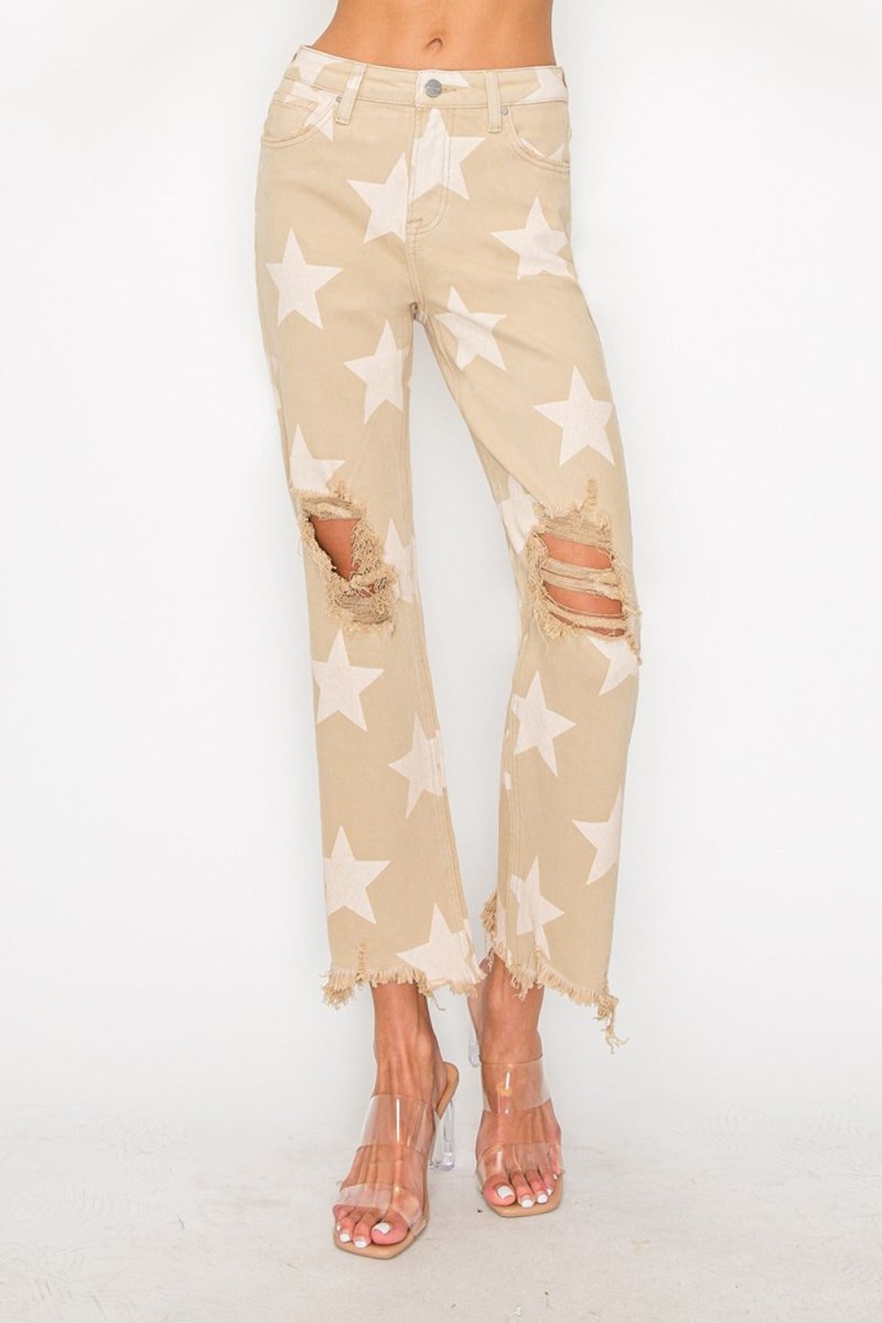 RISEN Full Size High Rise Star Printed Frayed Hem Jeans - S. M. & Co.