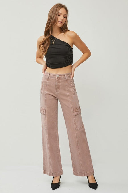 RISEN Full Size High Rise Wide Leg Cargo Jeans - S. M. & Co.