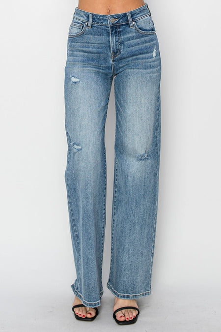 RISEN Full Size High Waist Distressed Wide Leg Jeans - S. M. & Co.