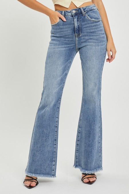 RISEN Full Size High Waist Raw Hem Flare Jeans - S. M. & Co.