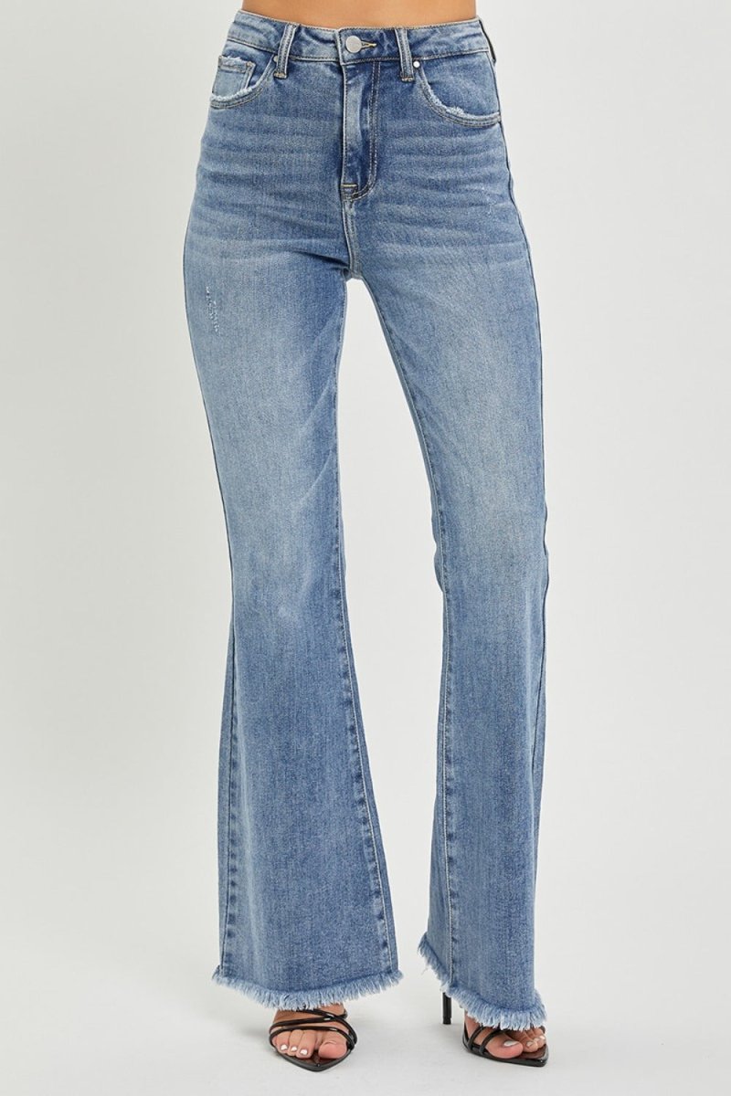 RISEN Full Size High Waist Raw Hem Flare Jeans - S. M. & Co.