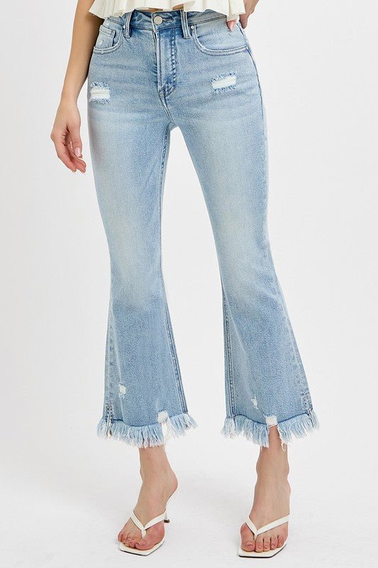 RISEN Full Size Raw Hem Distressed Cropped Flare Jeans Plus Size - S. M. & Co.