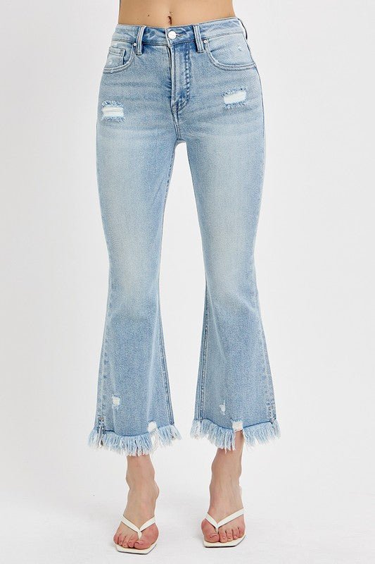 RISEN Full Size Raw Hem Distressed Cropped Flare Jeans Plus Size - S. M. & Co.