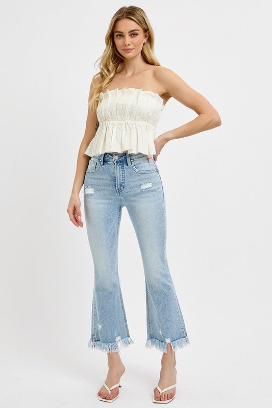 RISEN Full Size Raw Hem Distressed Cropped Flare Jeans Plus Size - S. M. & Co.