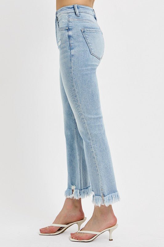 RISEN Full Size Raw Hem Distressed Cropped Flare Jeans Plus Size - S. M. & Co.