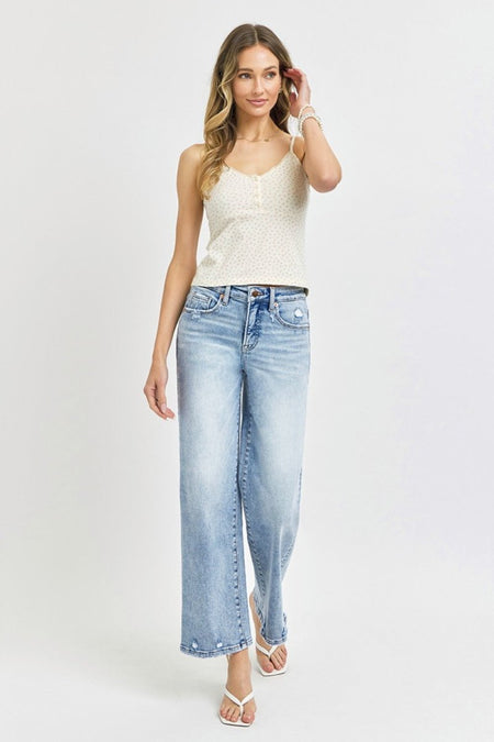 RISEN Full Size Tummy Control High Rise Crop Wide Leg Jeans - S. M. & Co.