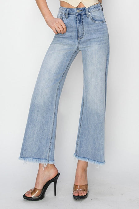 RISEN High Rise Crop Wide Fray Hem Jeans - S. M. & Co.