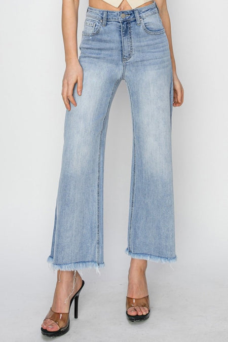 RISEN High Rise Crop Wide Fray Hem Jeans - S. M. & Co.