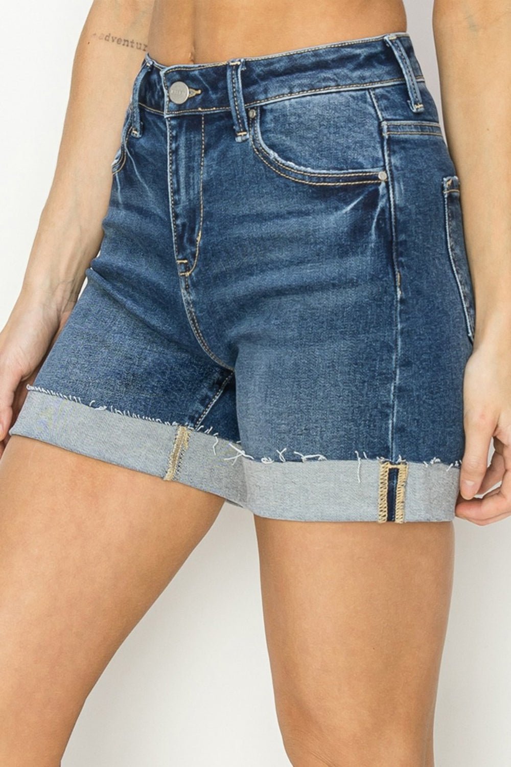 RISEN High Rise Cuffed Denim Shorts - S. M. & Co.