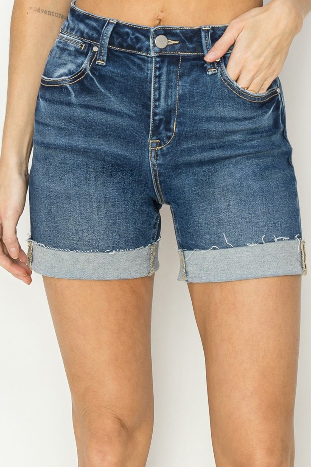 RISEN High Rise Cuffed Denim Shorts - S. M. & Co.