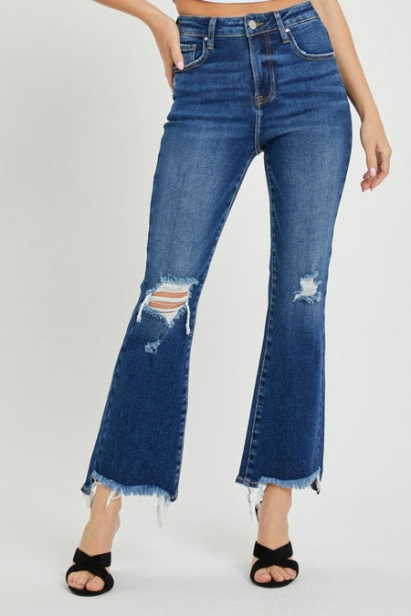 RISEN High Rise Distressed Crop Flare Jeans - S. M. & Co.