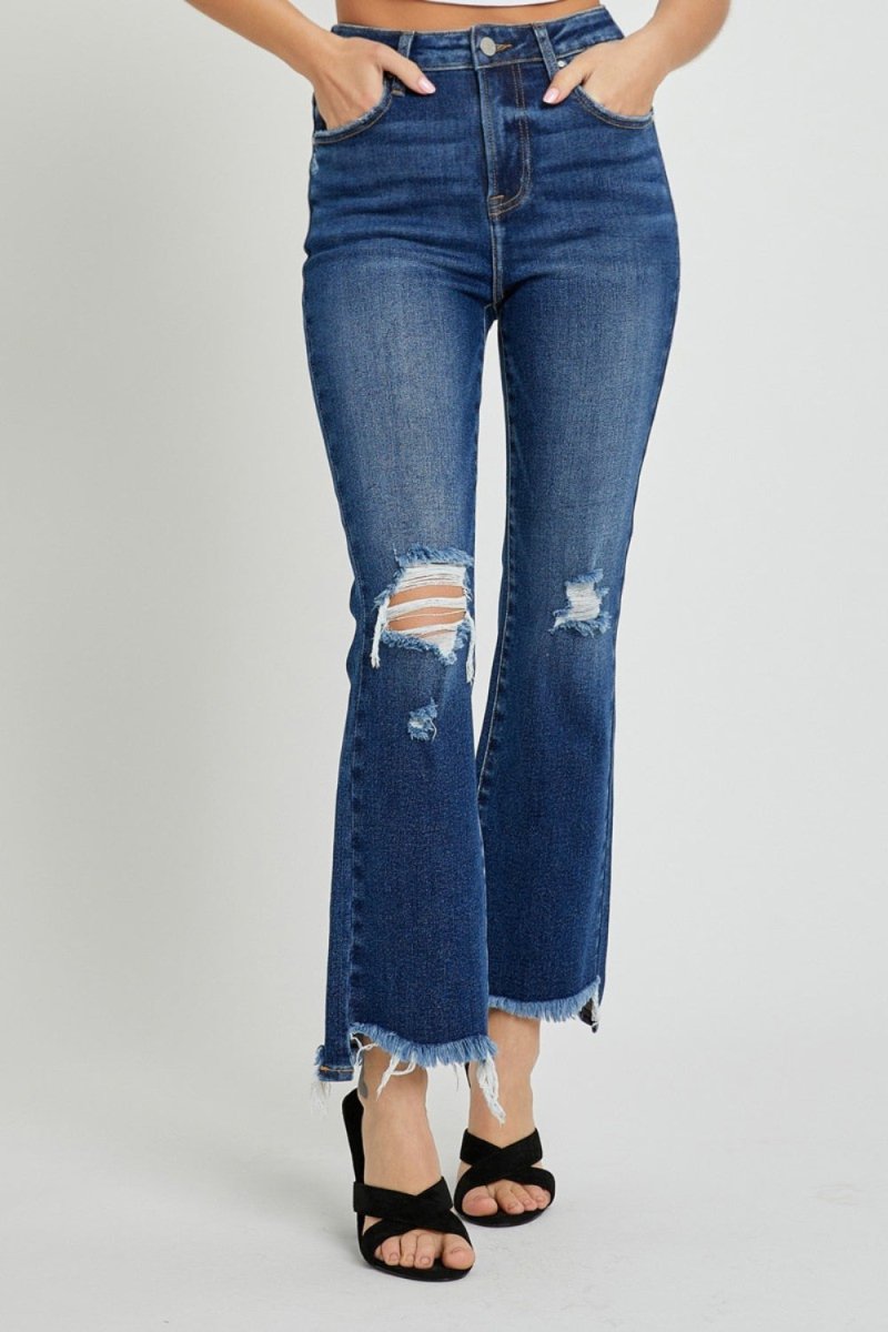 RISEN High Rise Distressed Crop Flare Jeans - S. M. & Co.