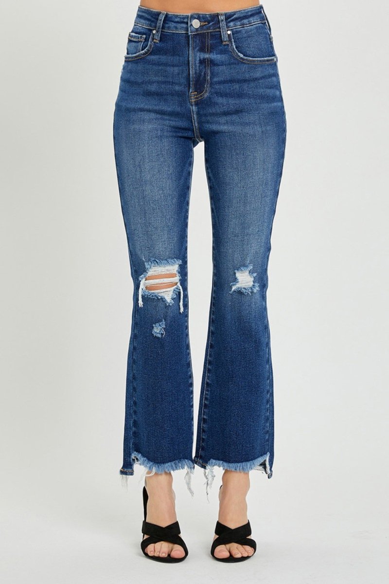 RISEN High Rise Distressed Crop Flare Jeans - S. M. & Co.