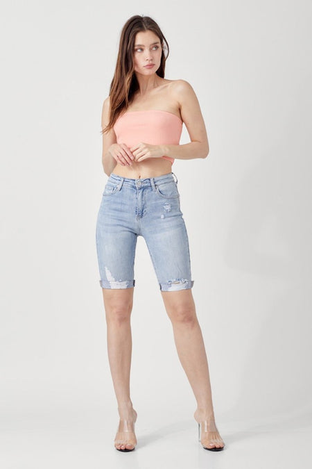 RISEN High Rise Distressed Denim Bermuda Shorts - S. M. & Co.