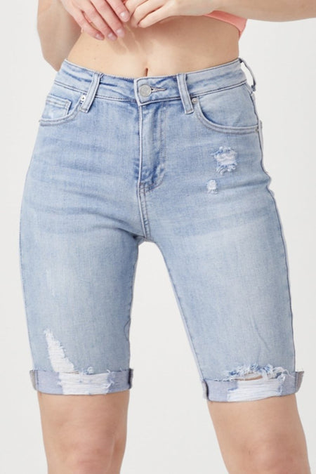 RISEN High Rise Distressed Denim Bermuda Shorts - S. M. & Co.