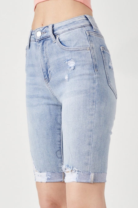 RISEN High Rise Distressed Denim Bermuda Shorts - S. M. & Co.