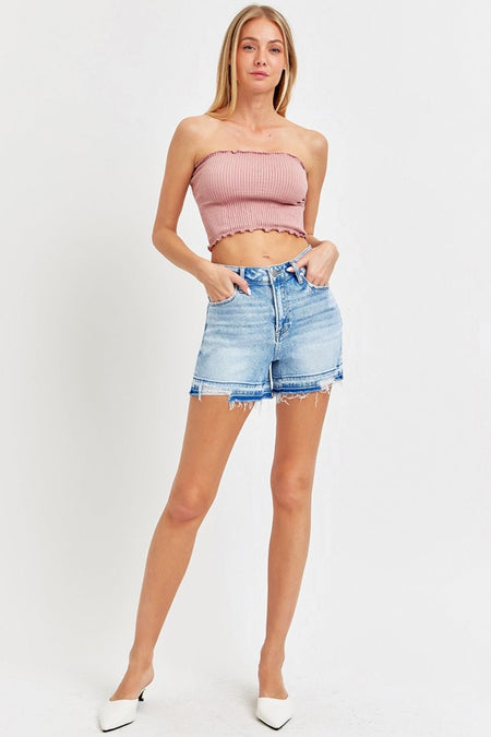 RISEN High Rise Distressed Hem Denim Shorts - S. M. & Co.