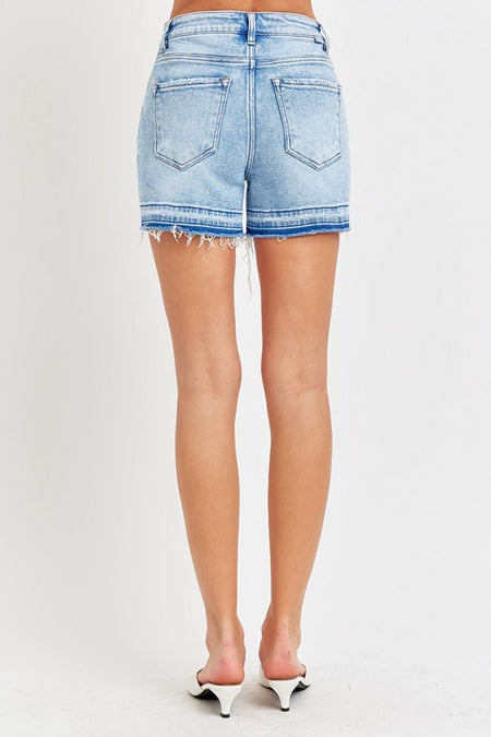 RISEN High Rise Distressed Hem Denim Shorts - S. M. & Co.