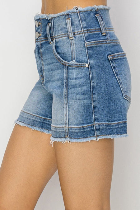 RISEN High Rise Seam Detailed Raw Edge Denim Shorts - S. M. & Co.