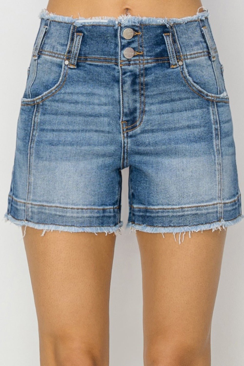 RISEN High Rise Seam Detailed Raw Edge Denim Shorts - S. M. & Co.