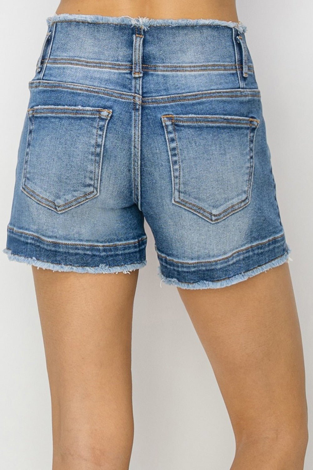 RISEN High Rise Seam Detailed Raw Edge Denim Shorts - S. M. & Co.