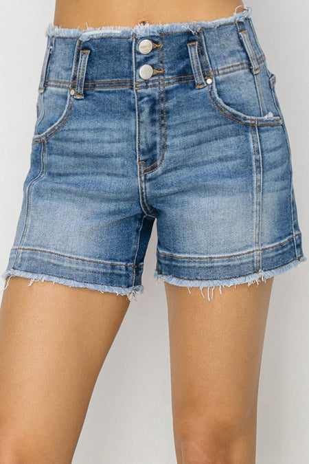 RISEN High Rise Seam Detailed Raw Edge Denim Shorts - S. M. & Co.