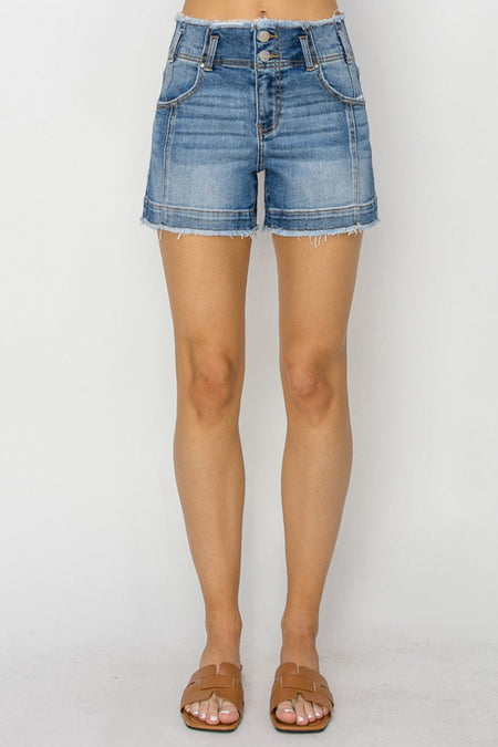 RISEN High Rise Seam Detailed Raw Edge Denim Shorts - S. M. & Co.