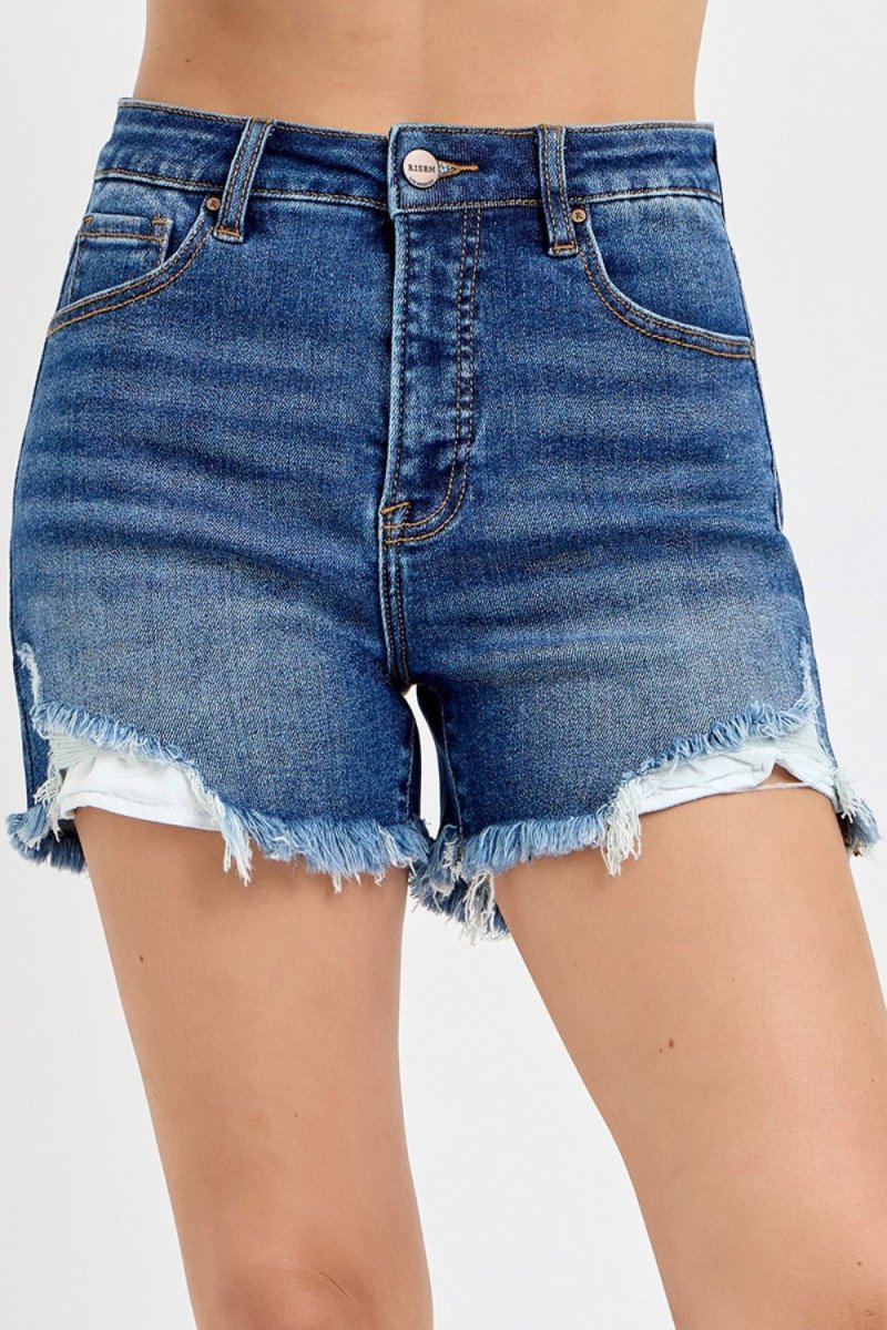 RISEN High Rise Side Step Hem Denim Shorts - S. M. & Co.