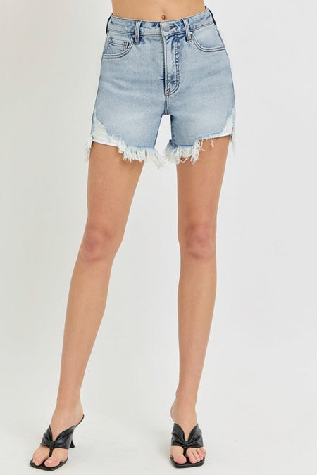 RISEN High Rise Side Step Hem Denim Shorts - S. M. & Co.