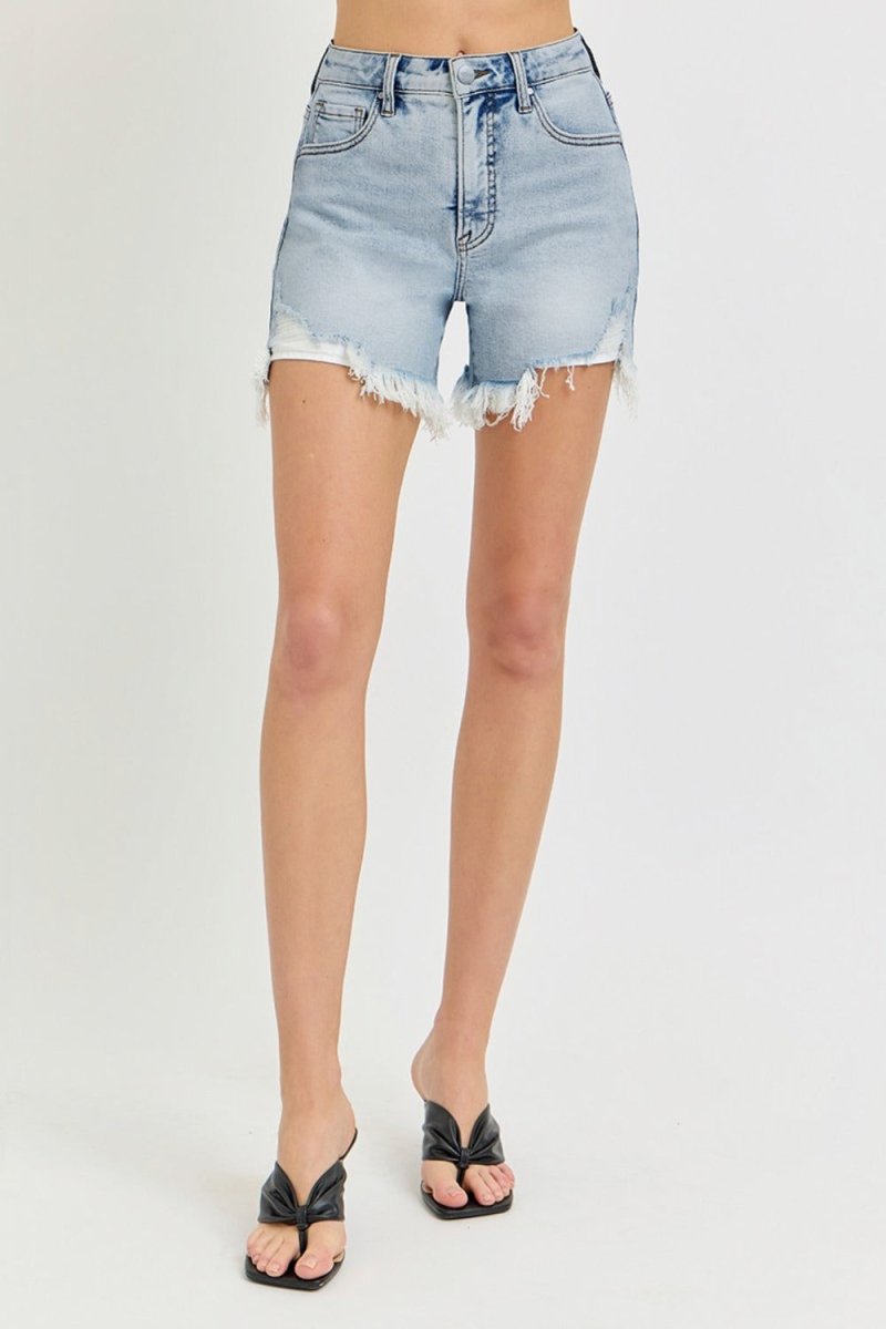 RISEN High Rise Side Step Hem Denim Shorts - S. M. & Co.