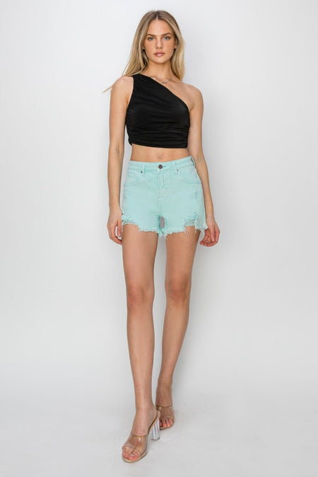 RISEN Mid Waist Frayed Hem Denim Shorts - S. M. & Co.