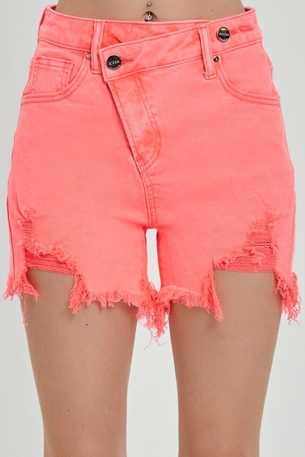 RISEN Raw Hem Asymmetrical Waist Denim Shorts - S. M. & Co.