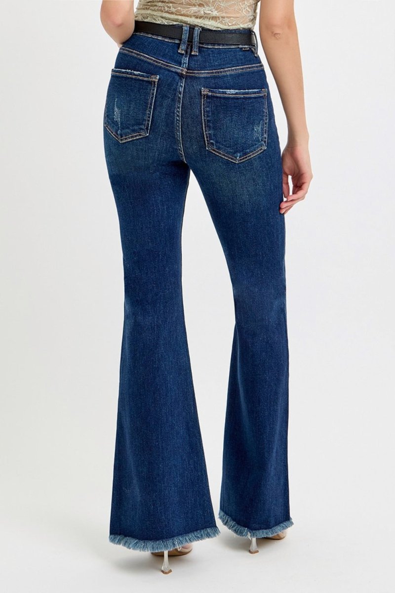 RISEN Tummy Control Frayed Hem Flare Jeans - S. M. & Co.