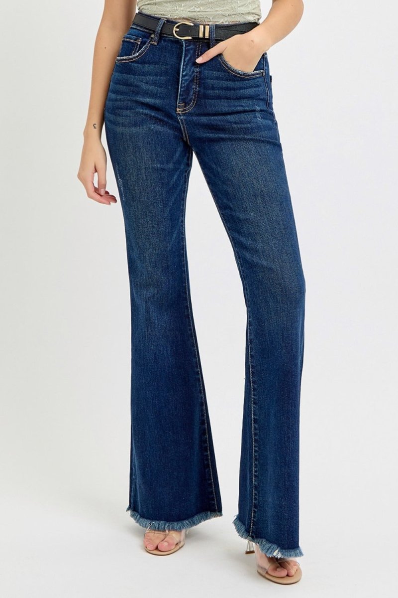 RISEN Tummy Control Frayed Hem Flare Jeans - S. M. & Co.