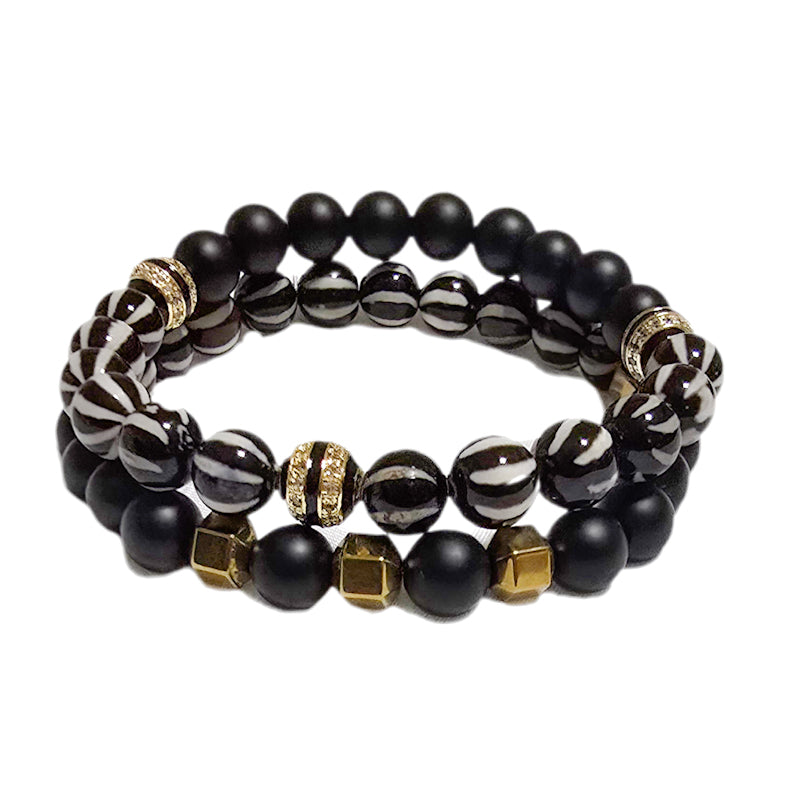 Men's Natural Tibetan Agate and Onyx Bracelet set
