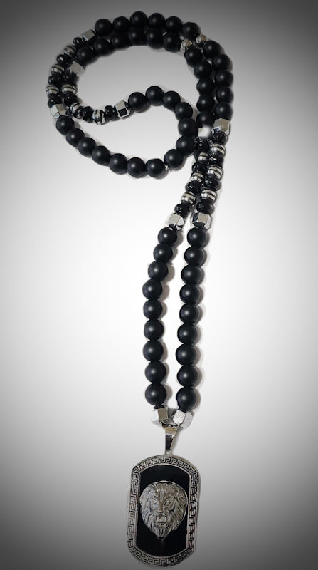 Men's Lion Dog Tag Onyx Necklace
