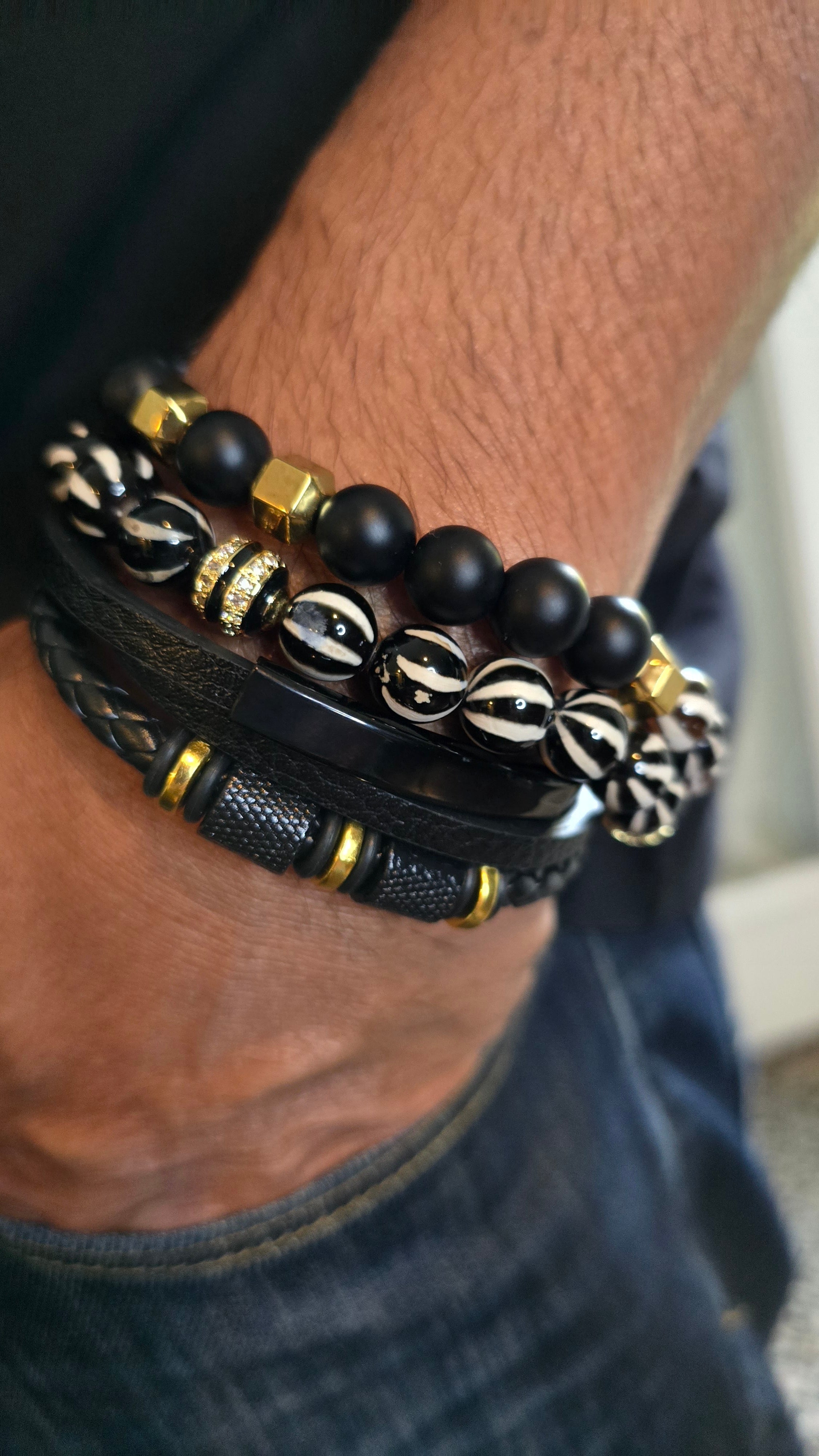 Men's Natural Tibetan Agate and Onyx Bracelet set