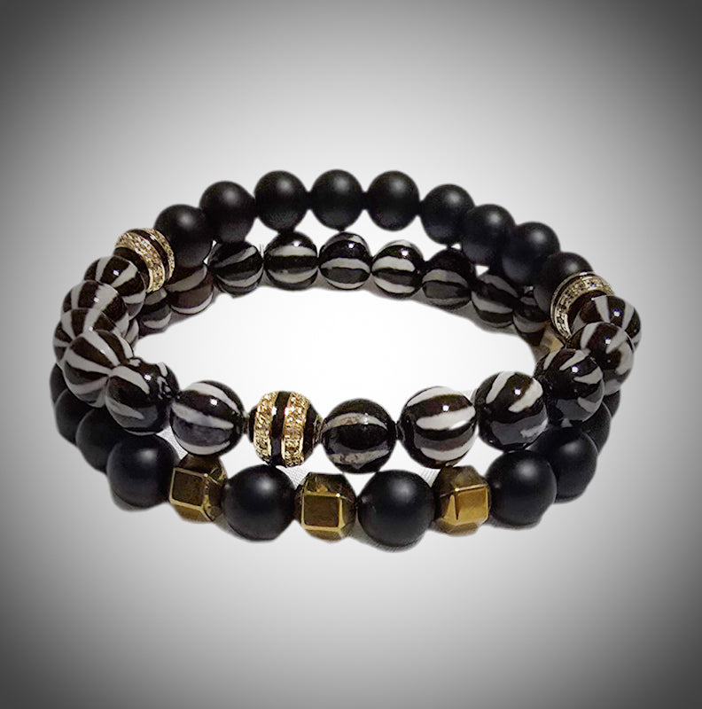 Men's Natural Tibetan Agate and Onyx Bracelet set